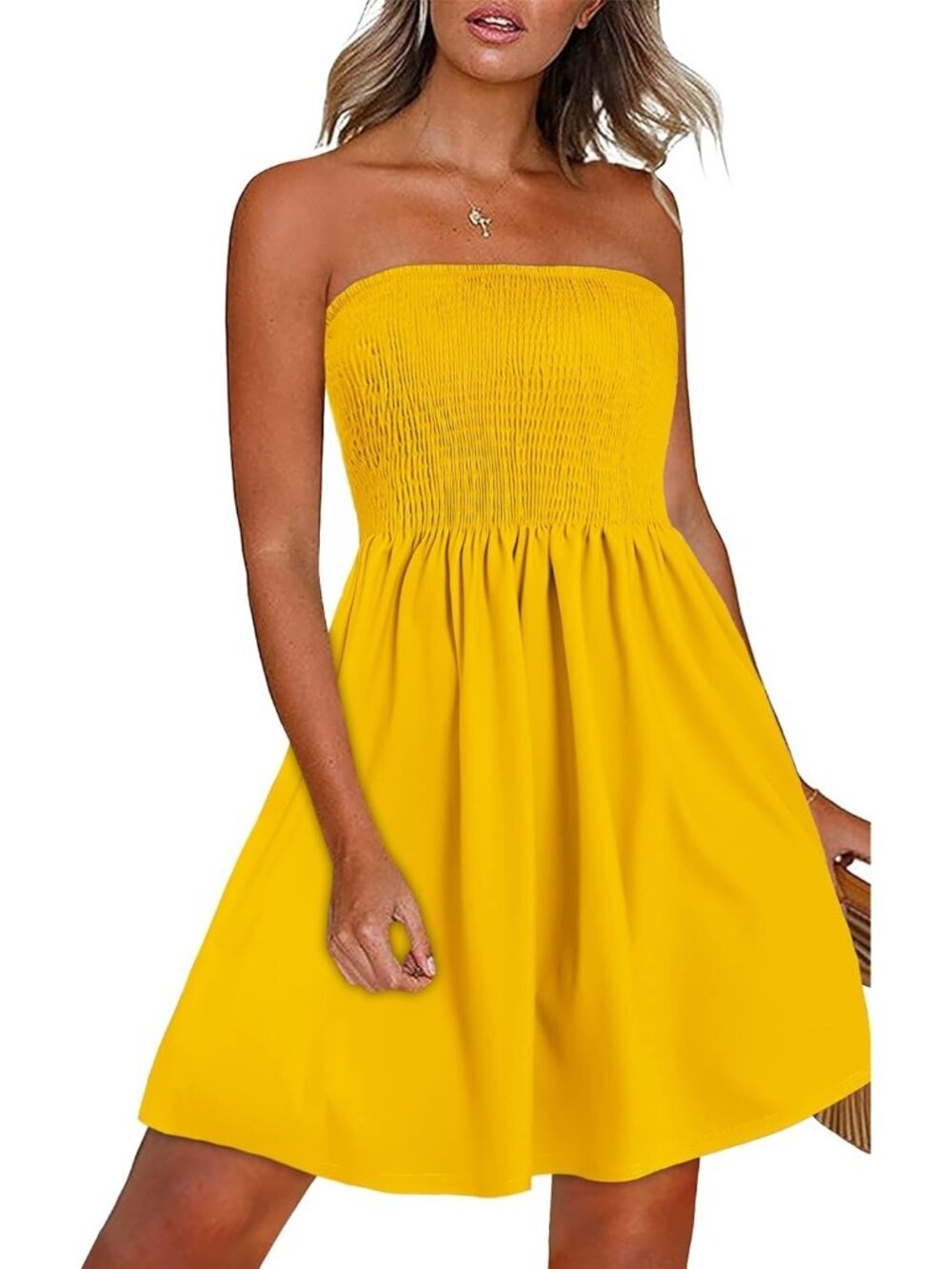 Women's Solid Yellow Beach Sundress Strapless Off Shoulder Cover Ups Mini Dress